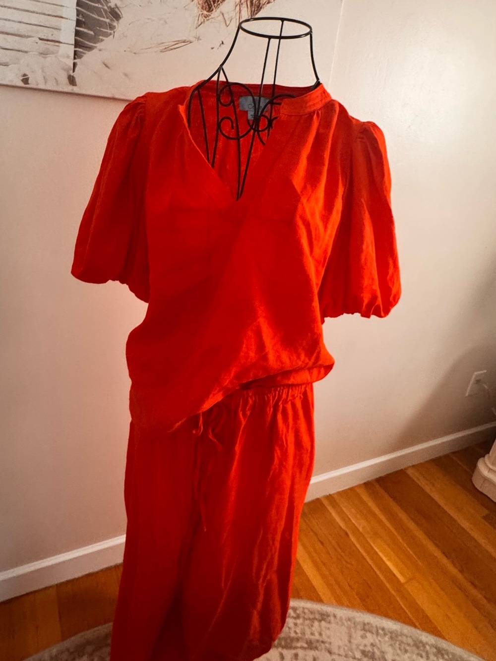 CeCe Bright orange Puff Sleeve Top & Matching Pants LINEN Set - Picture 3 of 5
